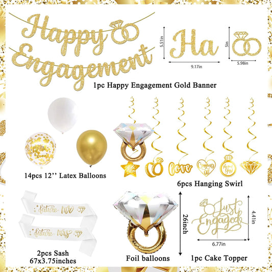 Vlipoeasn Gold Engagement Party Decorations for Couple, Just Engaged Backdrop Banner, Cake Topper, Honeycomb, Hanging Swirls