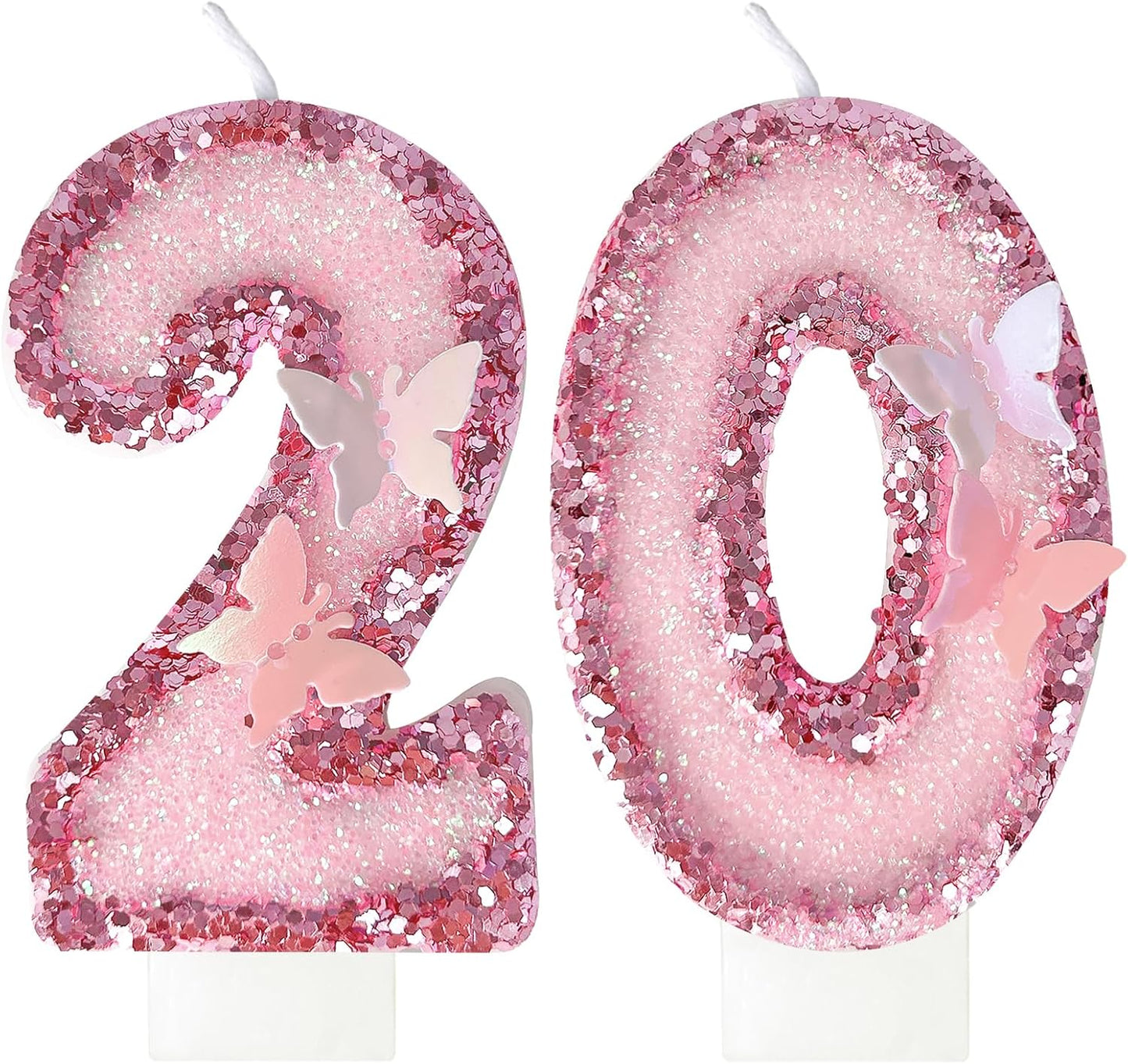20Th Birthday Candles，Glitter Butterfly Cake Toppers Pink Sequins Wedding Numeral Cupcake Decorations，Suitable for Girl and Boy Wedding Cakes, Party Celebrations, Birthday Decorations (20)
