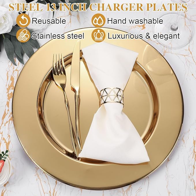 Vesici 12 Pcs Gold Stainless Steel Charger Plates 13 Inch Round Metal Charger Plates Bulk Mirror Elegant Charger Luxury Table Decor for Wedding Dinner Party