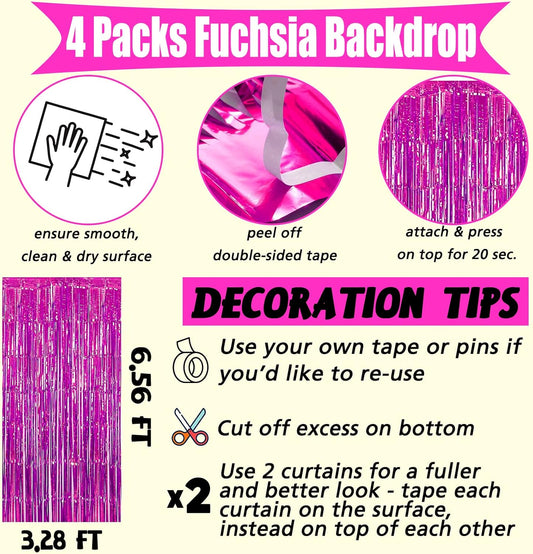 4 Pack Fuchsia Fringe Curtain Backdrop, 3.2Ft x 6.6Ft Metallic Tinsel Foil Fringe Streamers Curtains Background for Photo Booth Birthday Wedding Baby Shower Party Thanksgiving Christmas Decorations