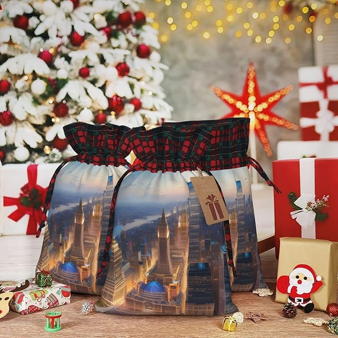 PULaif City Picture Night Christmas Drawstring Gift Bags, Large Size Christmas Bags For Gifts Party Favors, Xmas Gift Bags