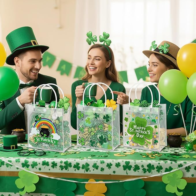 H1vojoxo St. Patrick's Day Gift Bags - 24PCS St. Patrick's Day Clear PVC Gift Bags with Handle for Family Gathering Party Decor Reusable Lucky Clover Goodie Bags Shamrock Bag for Holiday Party Favor