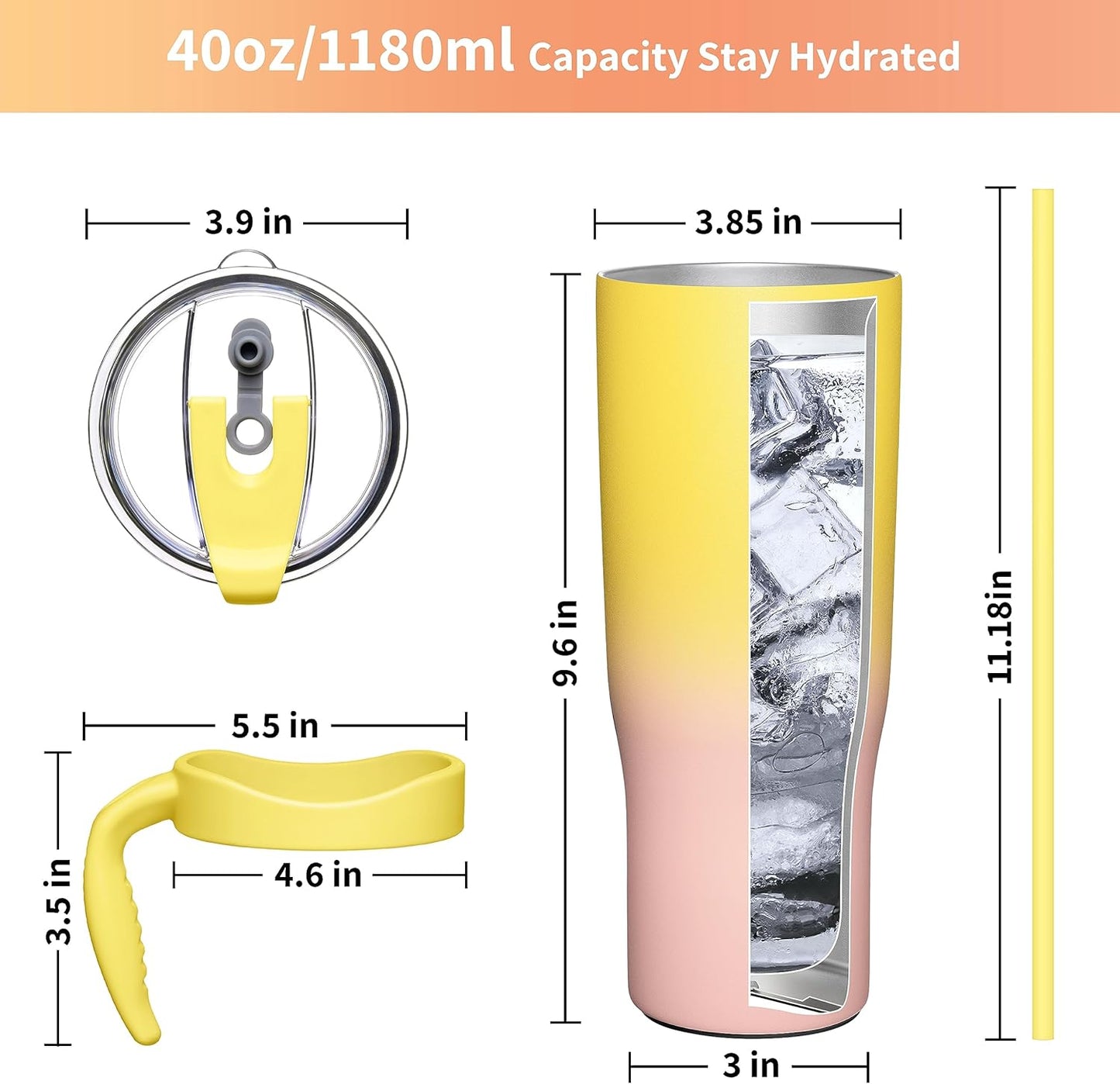 THILY 40 oz Insulated Tumbler with Handle - Stainless Steel Coffee Travel Mug with Lid and Straws, Keep Drinks Cold for 34 Hours or Hot for 12 Hours, BPA Free, Sunset