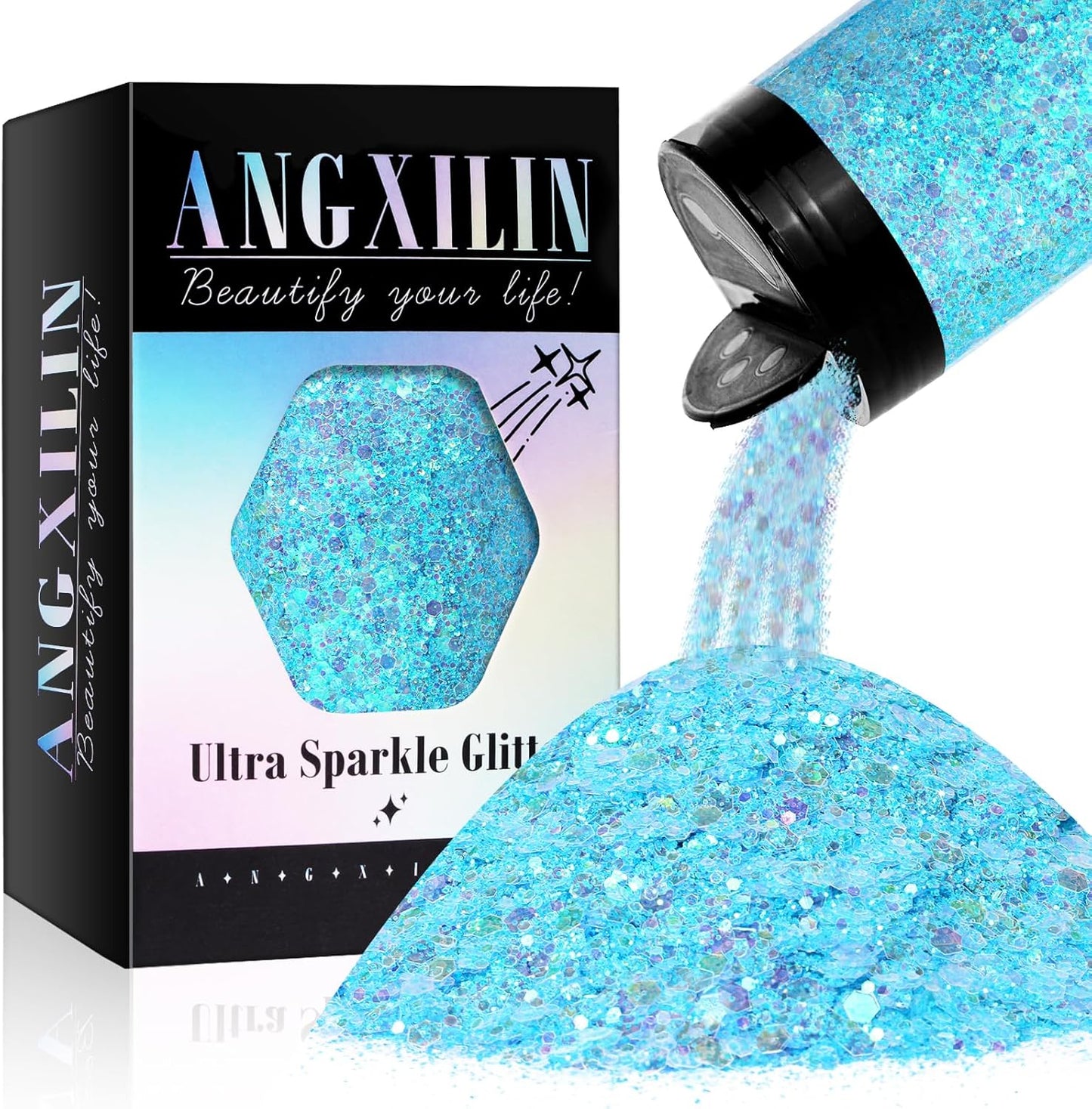 Holographic Chunky Glitter, 190g/6.7oz Mixed Craft Glitter, Bulk Laser Sequin for Face Body Nail Art, Epoxy Resin Tumbler Jewelry Making (IRI Sky Blue)