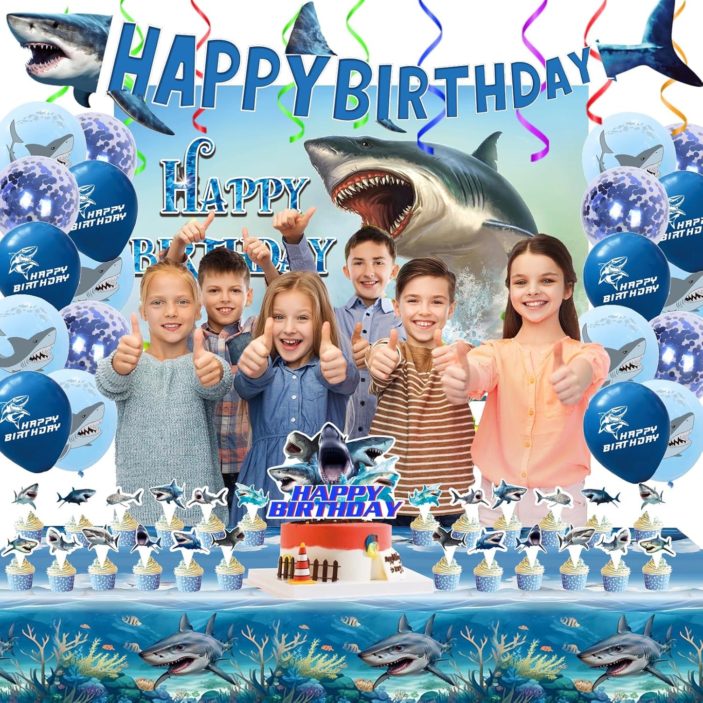 Shark Birthday Party Supplies, Shark Theme Style Party Include Happy Birthday Banner, Backdrop, Tableware Set, Tablecloth, Hanging Swirls, Cake Toppers, Cupcake Toppers, Latex Balloons(A)