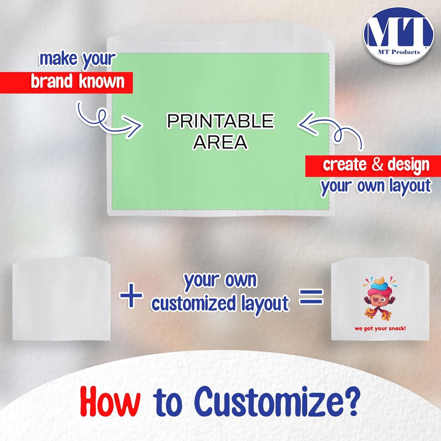 MT Products Custom Printed Small White Paper Bags 6" x 4.5 - Personalized Disposable White Cookie Bags