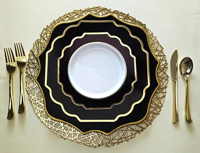 " OCCASIONS " 10 Pieces Round 13'' ACRYLIC MELAMINE Reusable Wedding Charger Plate (Scalloped Black and Gold)