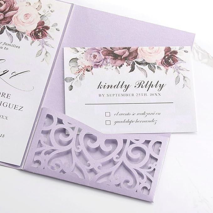 Wedding Invitations with Envelopes and RSVP Cards 50PCS Purple Laser Cut Invitation with Blank Cards and Envelopes Seals RSVP for Wedding Birthday Party Girl Baby Bridal Shower