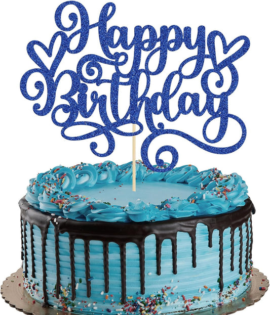 Gyufise 1Pcs Happy Birthday Cake Topper Glitter Cake Pick Bunting Decor for Anniversary Celebrating Party Cake Decorations Supplies Dark Blue