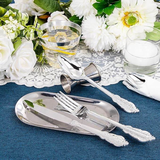 Liacere 175pcs Silver Plastic Plates - White and Silver Disposable - 25guest Baroque Plastic Dinnerware include 50Plates, 25Pack Pre Rolled Napkins with Silverware 25Cups for Wedding&Party&Easter Day
