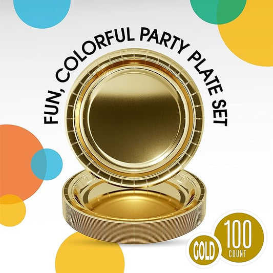 Exquisite Gold Paper Plates Disposable Heavy Duty 7 Inch Gold Disposable Plates For Party 100 Pcs Heavy Duty Paper Plate 350 GSM, Birthday Party Supplies Plate Set