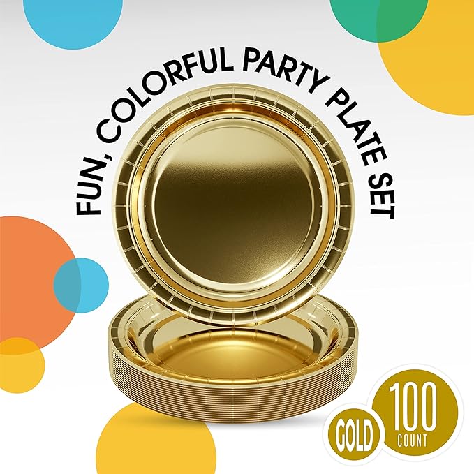 Exquisite Gold Paper Plates Disposable Heavy Duty 9 Inch Gold Disposable Plates For Party 100 Pcs Heavy Duty Paper Plate 350 GSM, Birthday Party Supplies Plate Set