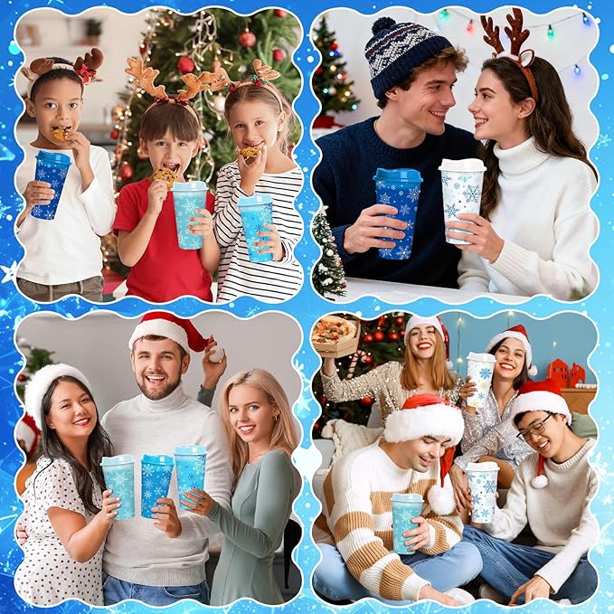 Jansun 12pcs Christmas Winter Snowflake Color Changing Cups with Lids, 16Oz Reusable Plastic Coffee Cups for Holiday Birthday Party Favors Supplies
