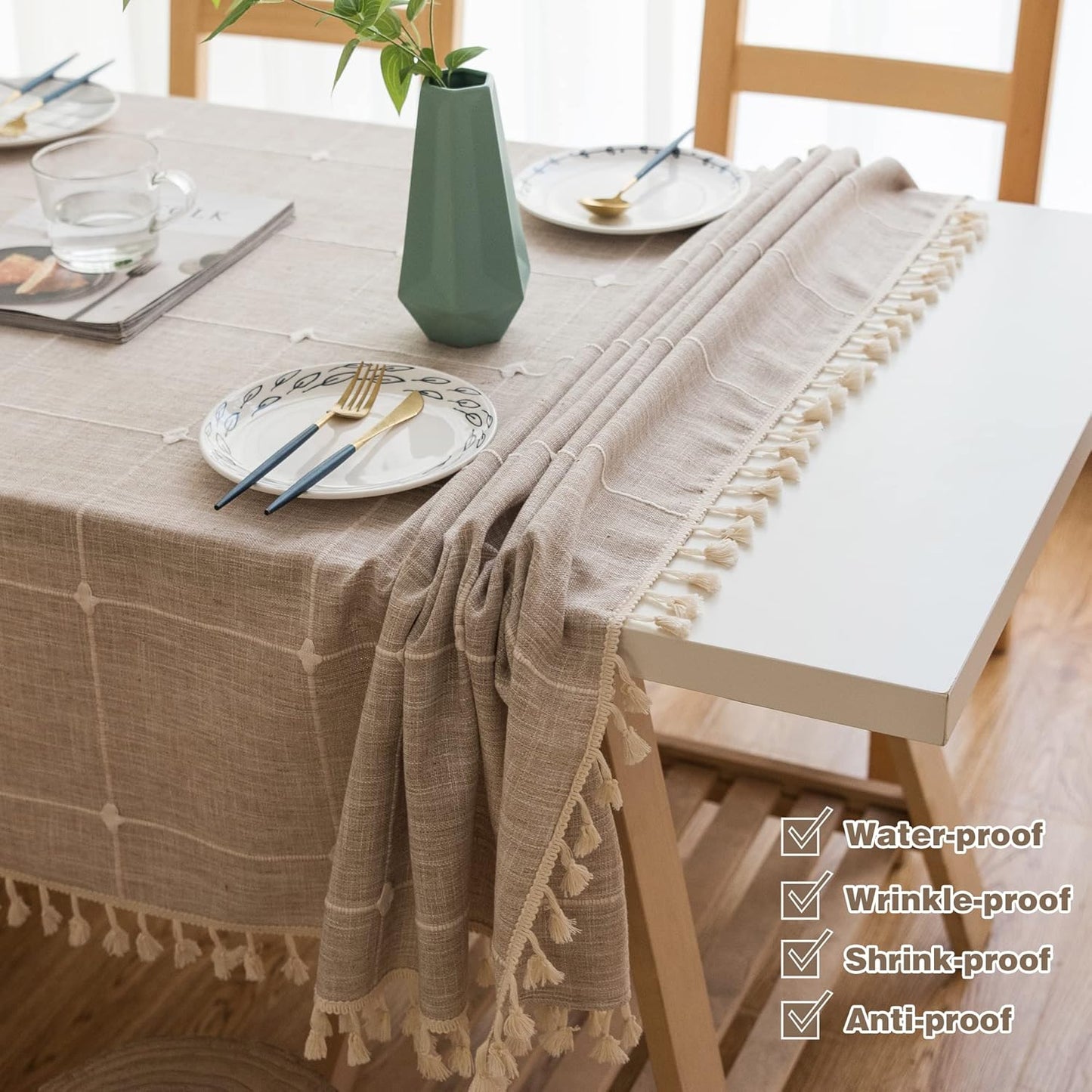 Pahajim Rustic Linen Tablecloth Cotton Rectangle Table Cloth for Kitchen Dining with Tassel Plaid Waterproof Tablecloths Rectangle/Oblong,55''x118'',10-12 Seats