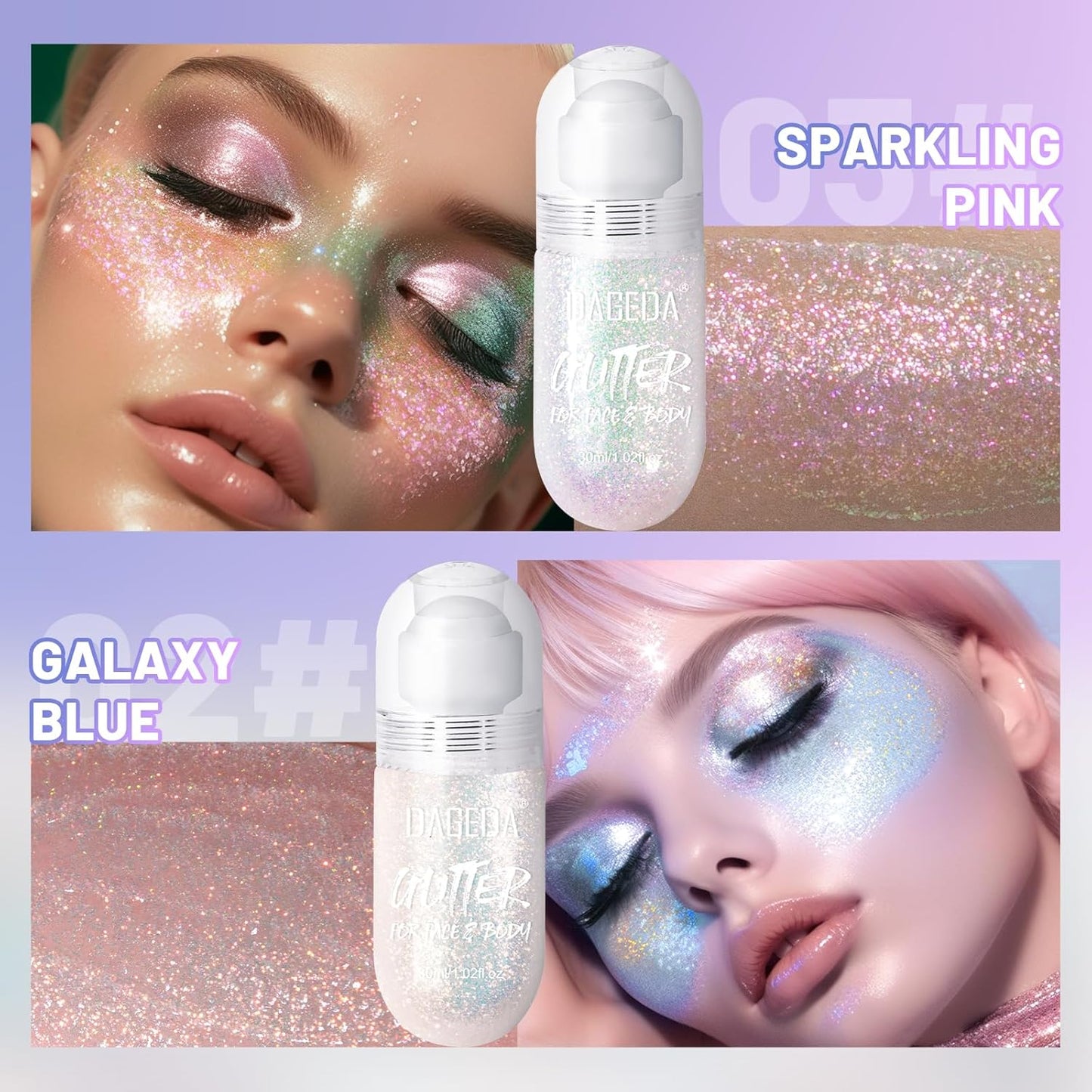 DAGEDA 2Colors Roll-on Body Glitter Gel for Body, Hair, Face, Holographic Glitter Makeup for Rave Accessories, Body Shimmer Hair Glitter Gel for Halloween Makeup(Galaxy Blue+Sparkling Pink)
