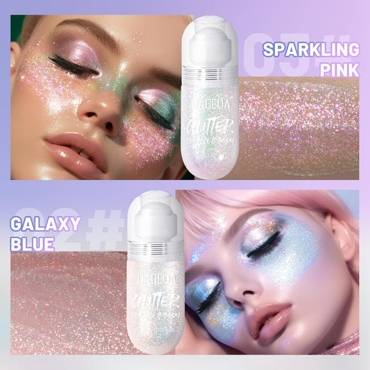 DAGEDA 2Colors Roll-on Body Glitter Gel for Body, Hair, Face, Holographic Glitter Makeup for Rave Accessories, Body Shimmer Hair Glitter Gel for Halloween Makeup(Galaxy Blue+Sparkling Pink)