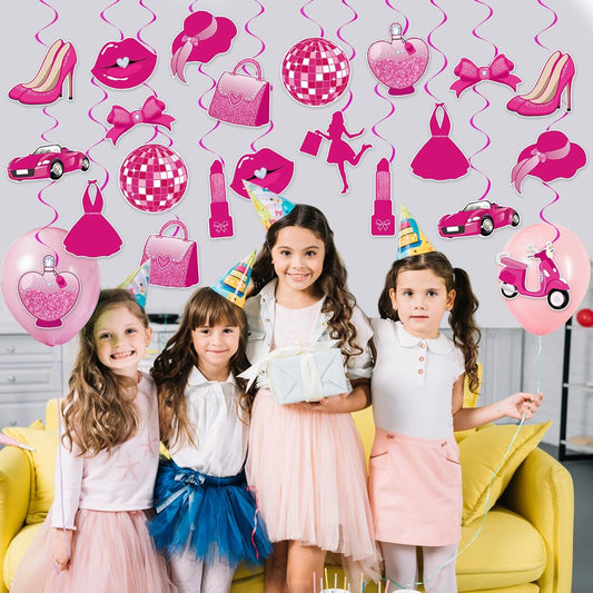 48Pcs Hot Pink Princess Party Hanging Decorations, Girls Princess Party Hanging Swirls Girls Party Swirls Decor for Princess Birthday Party Supplies