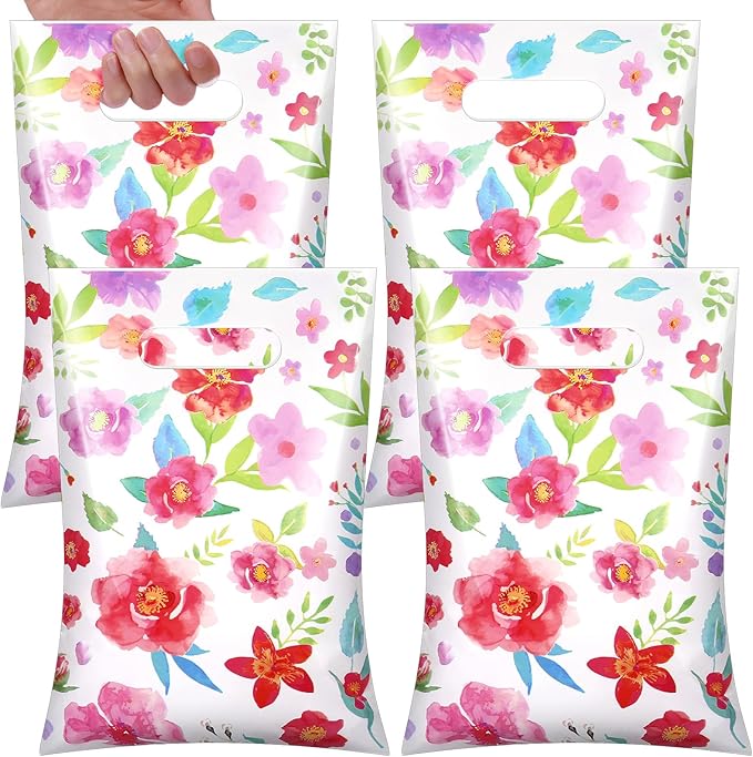 100 Pcs Wildflower Gift Bags Vintage Wildflower Party Favor Bag with Handle Plastic Goodie Candy Treat Gift Wrapping for Wedding Baby Shower Birthday Party Favors Supplies(Wildflowers)