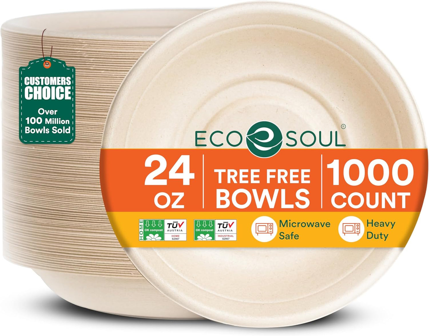 Ecosoul 100% Compostable 24 Oz Soup Bowls [1000-Pack] Disposable dinner bowls I Heavy duty paper bowl I Eco-friendly salad bowl I Biodegradable large Bowls