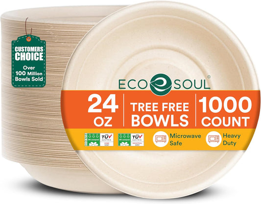 Ecosoul 100% Compostable 24 Oz Soup Bowls [1000-Pack] Disposable dinner bowls I Heavy duty paper bowl I Eco-friendly salad bowl I Biodegradable large Bowls