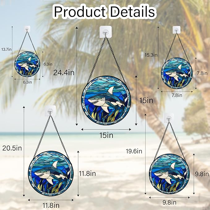 Stained Glass Suncatcher, Blue Ocean Big Shark Sun Catcher Waterweed Stain Glass Window Hanging Decoration Mother's Day Birthday Gifts for Women Men Mom Nana 7.8 in