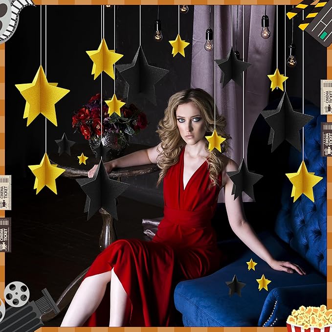 70 Pcs Black and Gold Star Centerpieces Black and Gold Party Birthday Decorations 3D 2025 Graduation Table Decor 3 Sizes 8" 5" 3" Red Carpet Film Show Theme Engagement Anniversary Supplies