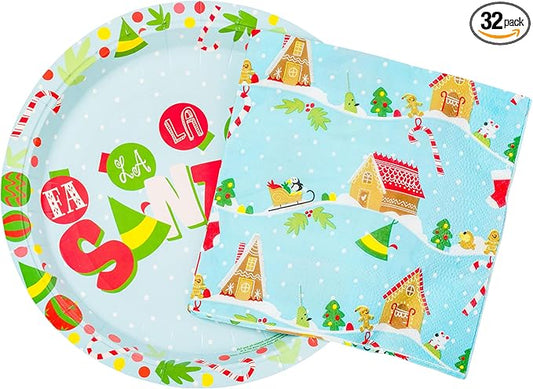 Silver Buffalo Elf Buddy the Elf Fa La La Santa Snow Christmas 32 Pack Partyware Disposable Paper Plates and Napkins
