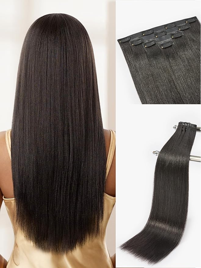 LUVME Yaki Straight Seamless Clip in Hair Extensions 70g, 20 Inch Natural Black, 100% Real Remy Human Hair, Soft Full Volume, Easy Clip Ins for Daily Wear, Work, Parties & Weddings