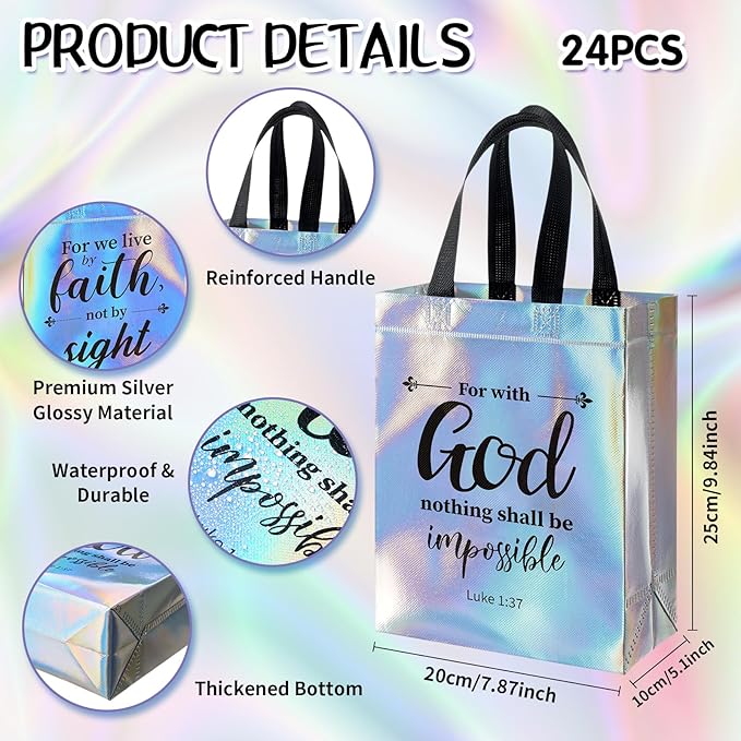 HunnmingRe 24 Pcs Religious Gift Bags Bulk, Non Woven Christian Bible Verse Gift Bags with Handle, Reusable Religious Iridescent Tote Bag for Easter Baptism Catholic Party Favors Gifts Wrapping