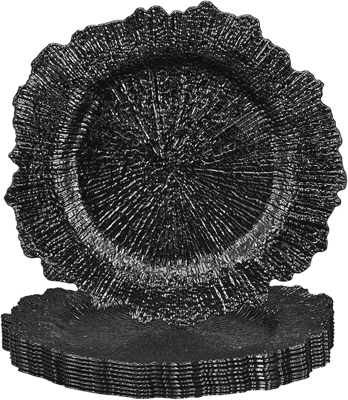 uxcell 10pcs Reef Charger Plates Bulk, 13 Inch Plastic Floral Charger Plates, Round Plate Chargers for Dinner Wedding Party Event Table Setting Decoration Black