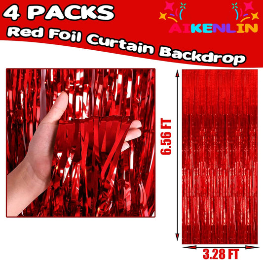 4 Pack 3.3Ft x 6.6Ft Red Foil Fringe Curtain Backdrop, Metallic Tinsel Foil Fringe Streamers Curtains Background for Photo Booth, Birthday, Wedding, Halloween, Christmas Party Decoration