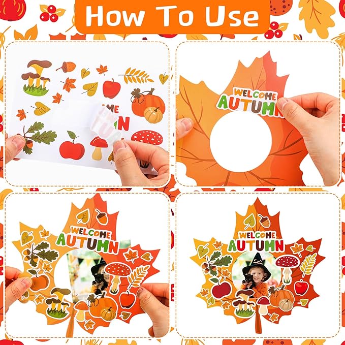Jetec 48 Packs Thanksgiving Fall Picture Frame Craft Kits Maple Leaf Shape DIY Photo Frame with Stickers Make Your Own Picture Craft for Autumn Home Classroom Decor