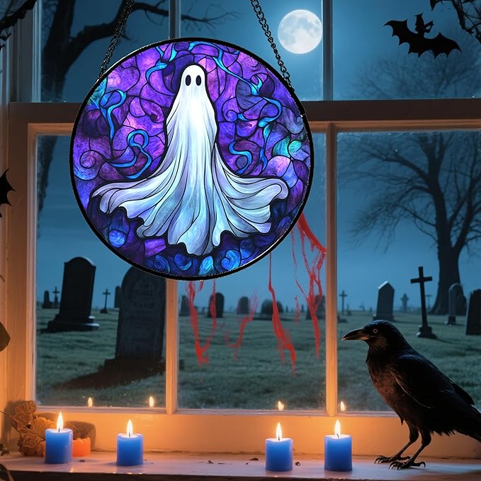 Stained Glass Window Hanging - Halloween Decoration Fantasy Ghost Suncatcher for Door Garden Spooky Blue Purple Sun Catchers Gothic Decor Horror Gifts for Women Men Friend Boy Girl 11.8 in