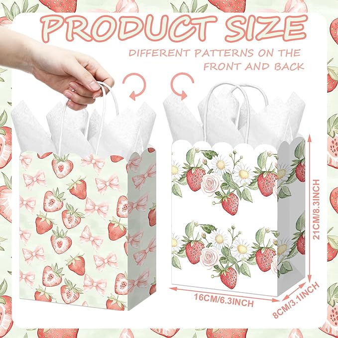 Kolldenn 24 Pcs Strawberry Party Gift Bags with Handles Paper Treat Goodie Bags Scalloped for Birthday Decoration for Bridal Baby Shower Tea Party Supplies