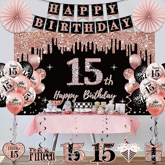 15th Birthday Decorations for Girls, 33pcs Black Rose Gold Happy 15th Birthday Banner 15 Birthday Crown and Sash Balloons Backdrop Hanging Swirls Paper Fans, 15 Years Old Party Supplies Kit