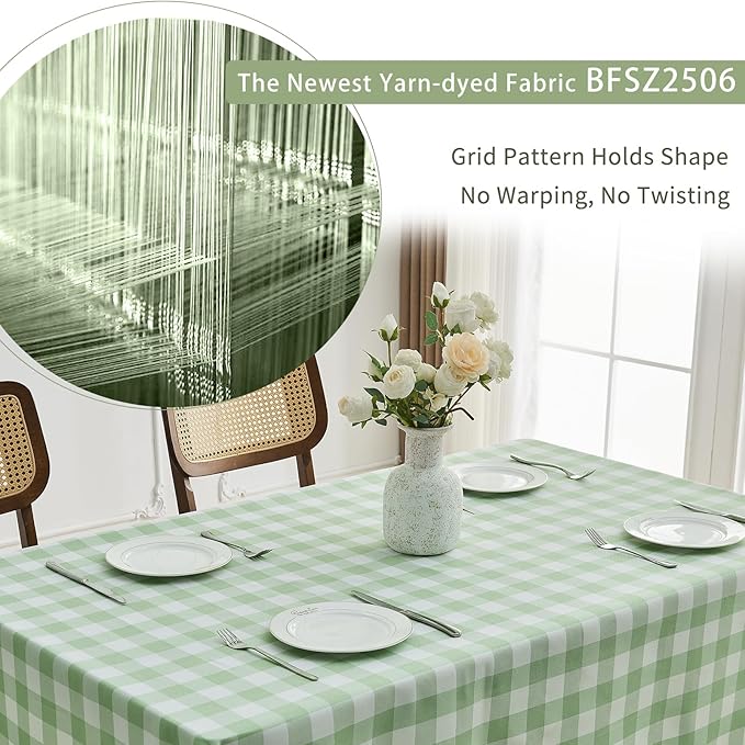 BALCONY & FALCON Gingham Table Cloth Rectangle – Machine Washable Wrinkle-Free Buffalo Checkered Tablecloth for 6ft 8ft Tables, Outdoor Picnic, Party, Kitchen Dining Decor (Green White, 57x118 Inch)