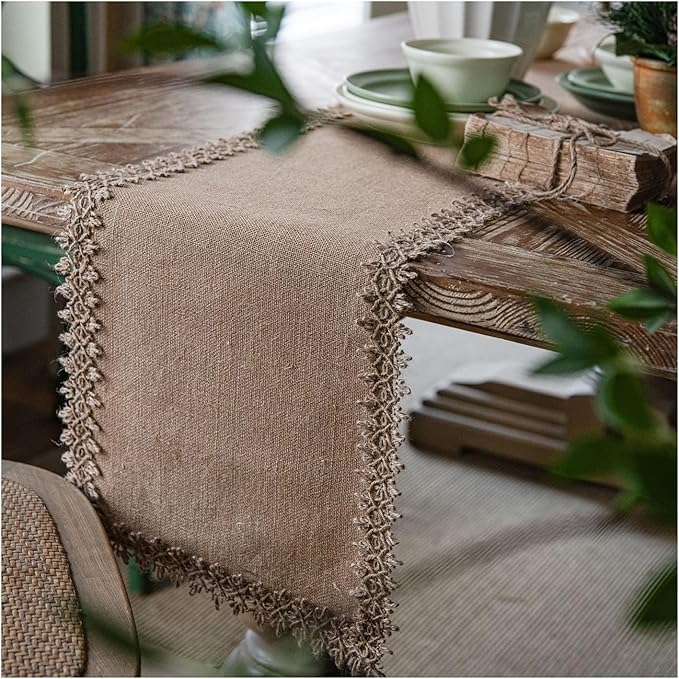 Natural Jute Table Runner, Burlap Style Table Runner, Rustic Farmhouse Table Runner Country Vintage for Wedding, Party Table Decorations, Boho Décor Jute Hemp Woven Edge 12x55 inch TAB28