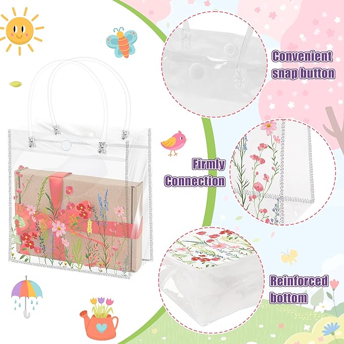 H1vojoxo Spring Wildflower Gift Bags - 24PCS Spring Wildflower Clear PVC Gift Bags with Handle Bulk Reusable Goodie Snack Treat Plastic Gift Wrap Tote Bag for Floral Themed Baby Shower Party Favors