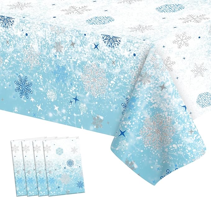 4 PCS Blue White Plastic Snowflake Tablecloth(54x108 Inch) Frozen Birthday Winter Wonderland Decorations Disposable Table Cover Tablecloths for Christmas Holiday New Year Party Favors Supplies Decor