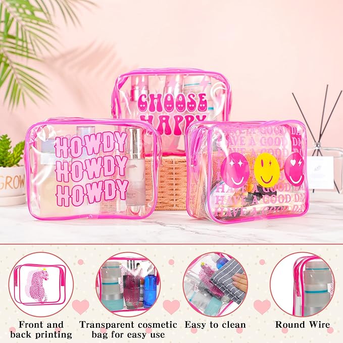 Cunno 6 Pcs Makeup Bags Gifts for Women Preppy Boho Smile Face Flamingo Clear Makeup Bags Cosmetic Transparent PVC Travel Toiletry Organizer for Birthday Party Favor(Preppy Style)