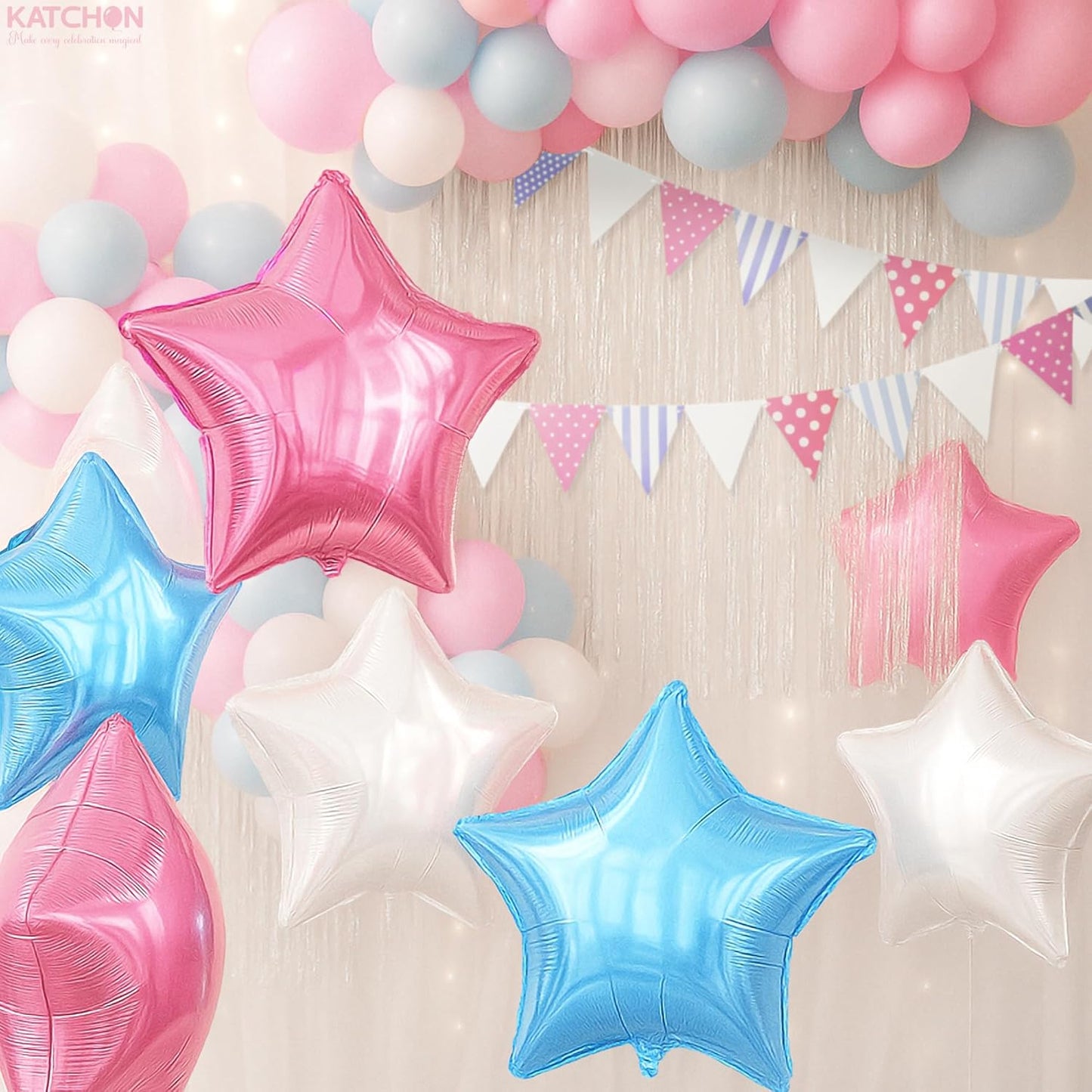 KatchOn, Huge Pink Blue and White Star Balloons - 18 Inch, Pack of 12 | Star Foil Balloons for Gender Reveal Decorations | Baby Shower Decorations, Gender Reveal Balloon | Birthday decorations