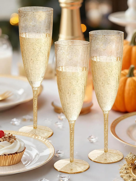 WDF 36-Pack Plastic Champagne Flutes - Gold Glitter Champagne Glasses Disposable - Perfect for Thanksgiving, Weddings, Birthday, Bridal Showers