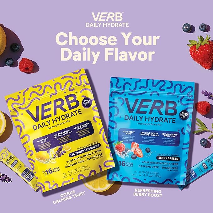 Verb Daily Hydrate Sugar Free Electrolyte Drink Mix - Berry Breeze, Zero Sugar Instant Hydration Packets for Daily Use, Essential Electrolytes Powder for Rehydration, Dehydration Relief, 12 Pack
