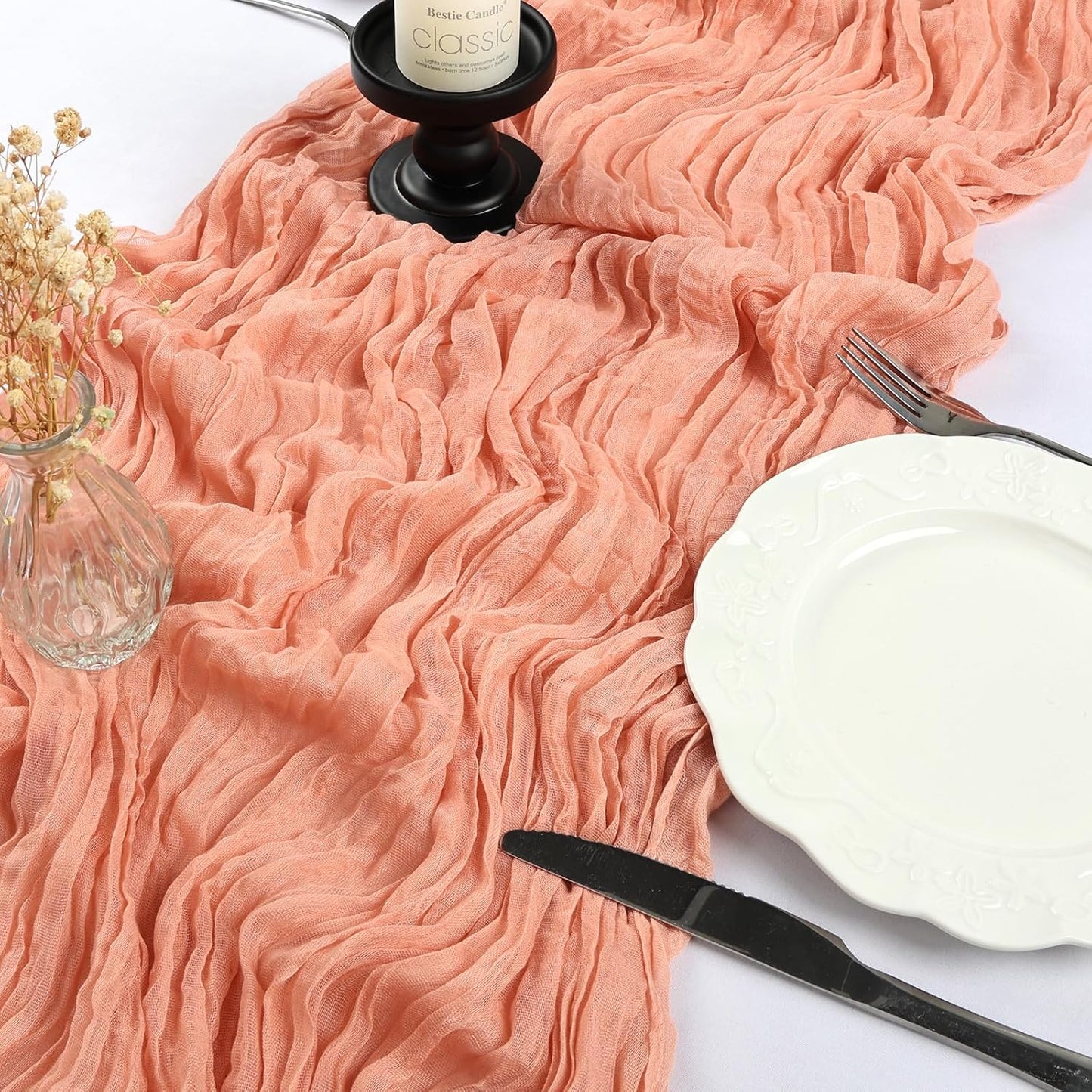 12 Pack 10FT Peach Cheesecloth Table Runner 35x120 Inch Gauze Rustic Boho Table Runner Cheese Cloth for Wedding Decor Birthday Party Bridal Baby Shower Table Centerpiece Decoration