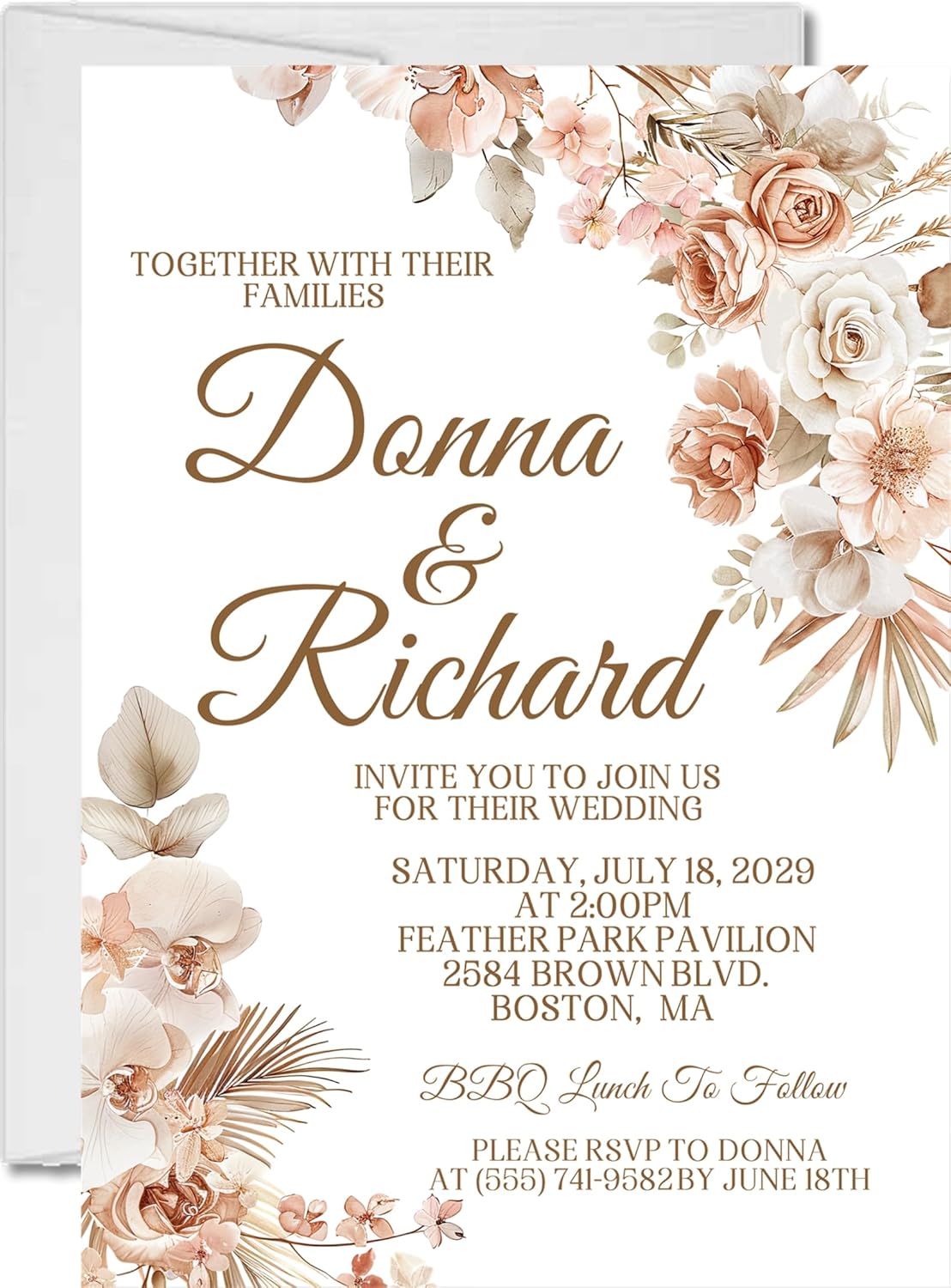 Neutral Blush Rose & Pampas Grass Wedding Invitations, Boho Design, Personalized, Set of 12 Invitations with Envelopes