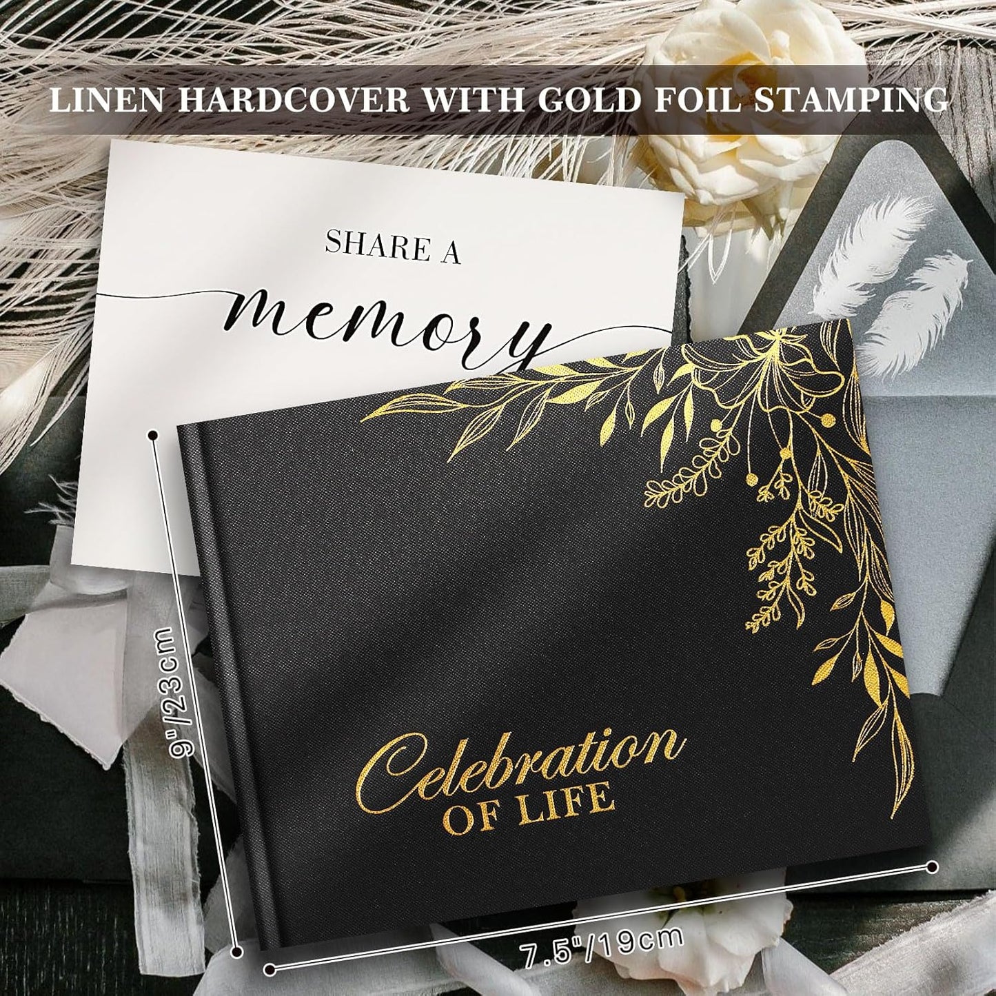 Lanpn Funeral Guest Book for Memorial Service, Linen Cover Celebration of Life Registry Guest Book, Funeral Favors Sign in Books for Guests Memory Book for Funeral with Memory Table Sign, Black