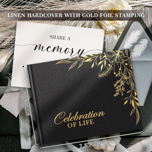 Lanpn Funeral Guest Book for Memorial Service, Linen Cover Celebration of Life Registry Guest Book, Funeral Favors Sign in Books for Guests Memory Book for Funeral with Memory Table Sign, Black