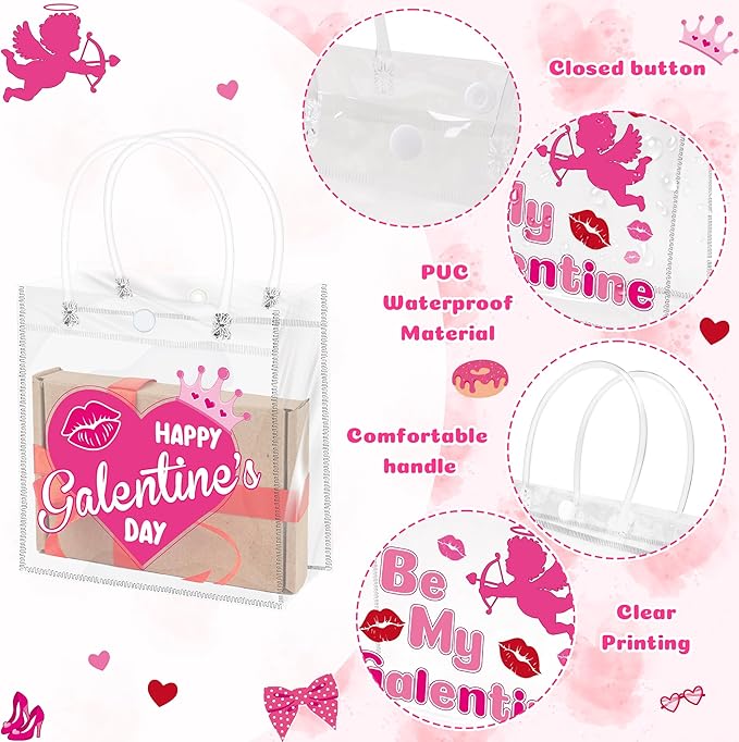 H1vojoxo Galentine's Day Gift Bags - 24PCS Galentine Clear PVC Gift Bags with Handle 7.9x3.2x7.9 Inches Reusable Galentine Goodie Tote Bag Be My Galentine Gift Wrap Bag for Valentine’s Day Party Favor