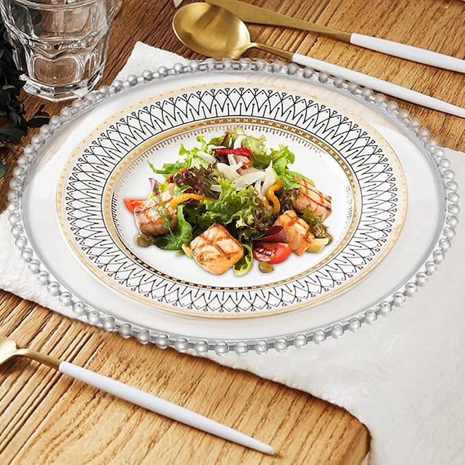 Lawei 12 Pack Clear Plastic Charger Plates with Bead Rim, 13 Inch Plastic Round Serving Plates Decor Dinner Plates for Party Wedding Events Dinner Decoration