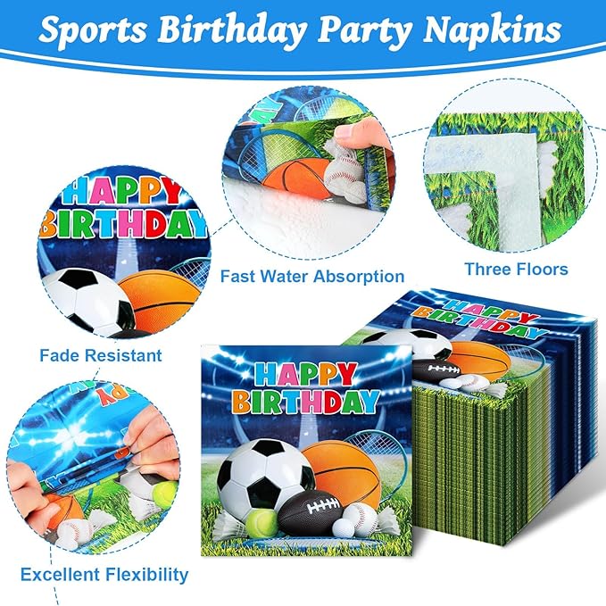 OBUSATT 96Pcs Sport Theme Party Supplies Basketball Paper Plates Napkins All-Star Party Decorations Dinnerware Favor Basketball Forks Football Baseball Soccer Decor Birthday Tableware Serves 24